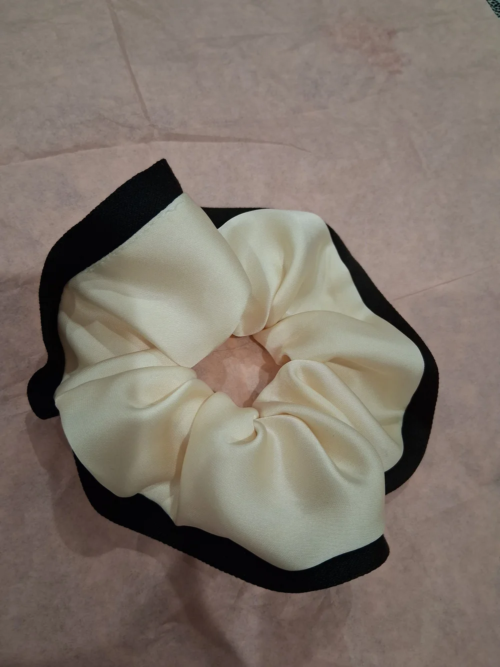 CHANEL GWP  Cream Satin Hair Scrunchie with Crystal CC Emblem on Black Trim.New